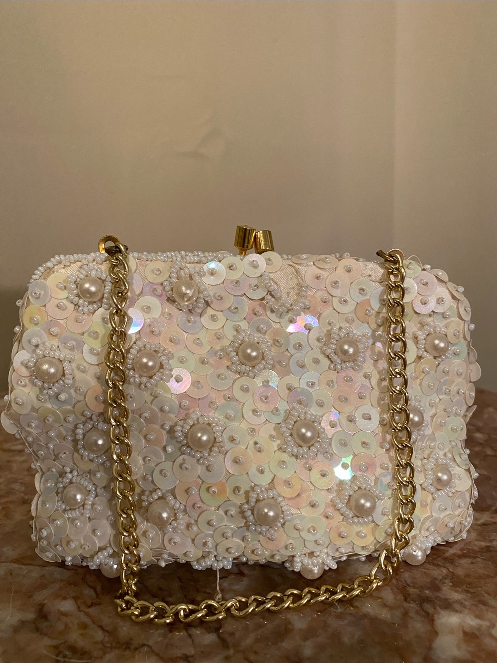 Vintage Hong Kong Beaded & Sequin Evening Bag Pearl Floral Clutch Gold tone